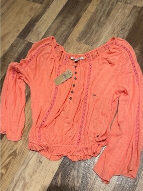 American Eagle Coral Lace-Trim Peasant Blouse NWT XXS